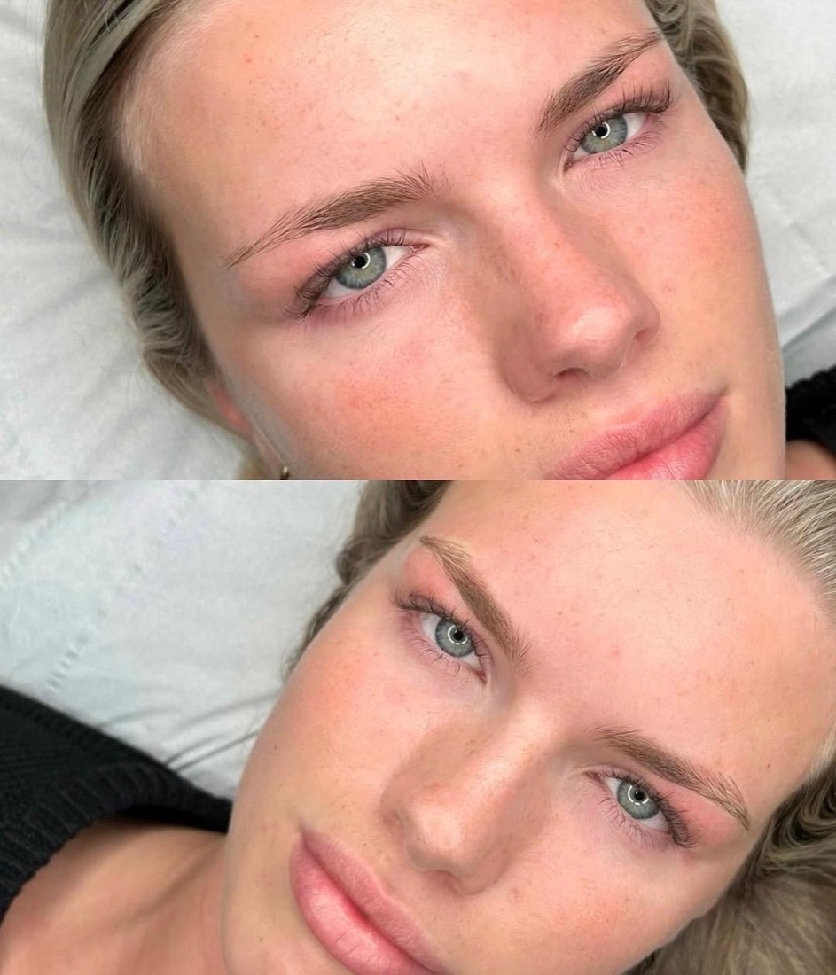 Before and after of microblading realism — soft, natural hair-stroke brows on a fresh, glowing face.
